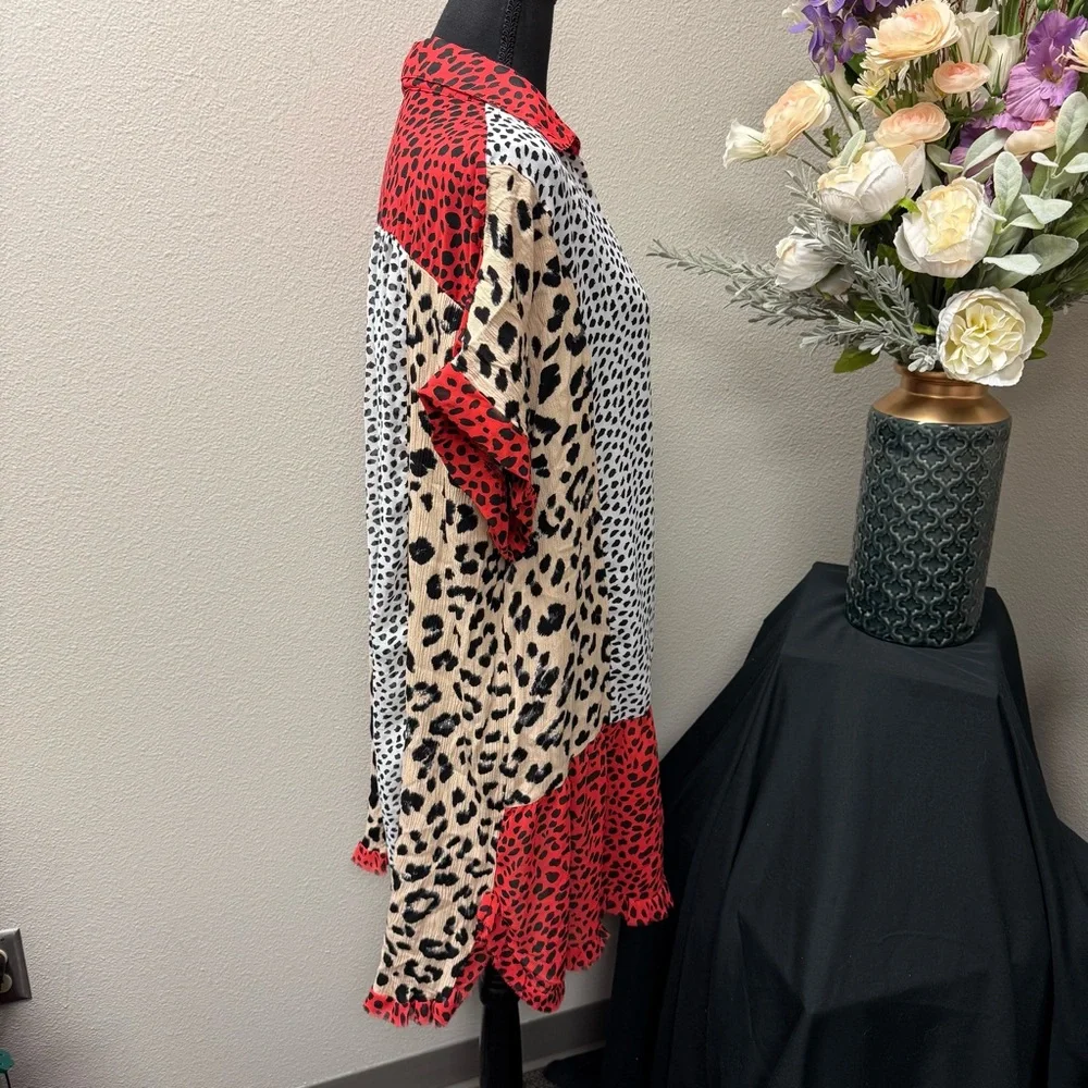 Umgee USA 1XL Leopard Print Colorblock Shirt Dress Red Tan Black White Boho - Picture 5 of 8